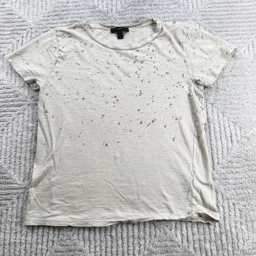 J.Crew Metallic Foil Splatter Tee Women's S Beige Silver Slub Cotton Edgy Artsy